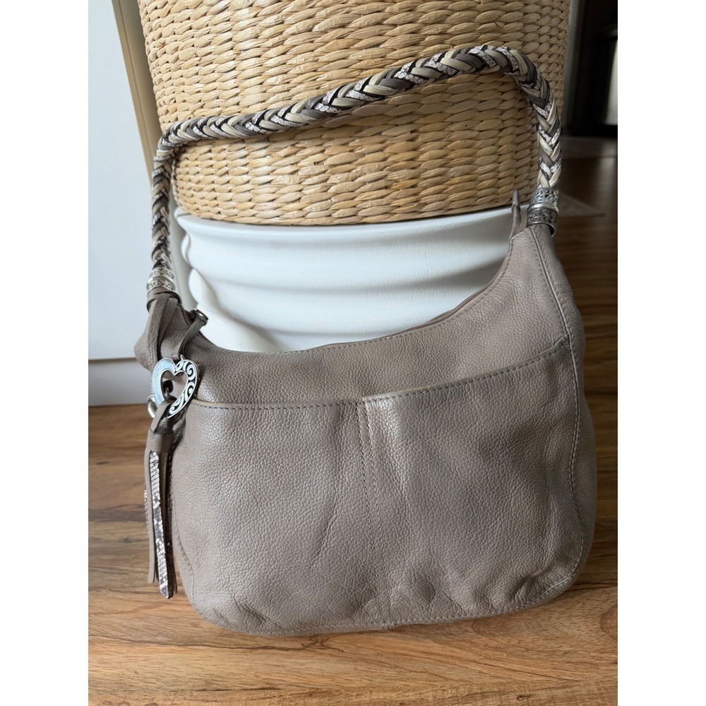 Brighton Taupe Pebbled Leather Hobo Bag Braided Strap Silver Heart Charm